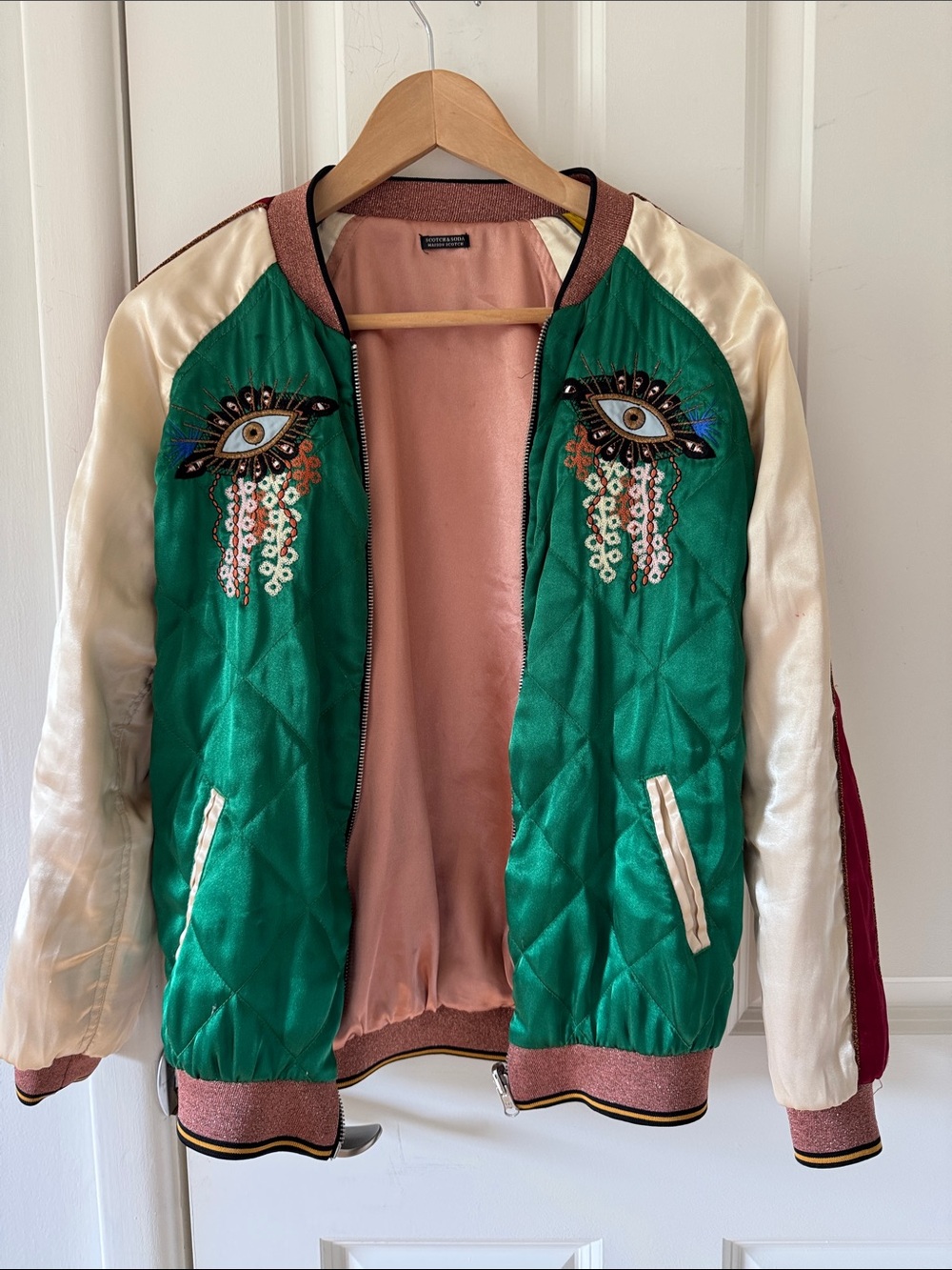Double sided Embroidered Green Satin Bomber Jacket with Cream Sleeves
